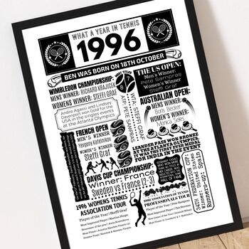 Personalised 30th Birthday Tennis Poster, Custom Sports Gift, 4 of 12
