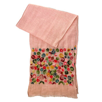 Hand Embroidered 100% Linen Scarf In Blush Pink Floral, 4 of 6