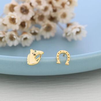 Sterling Silver Mismatched Horse Head And Horseshoe Stud Earrings, 6 of 12