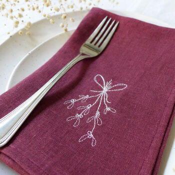 Embroidered Mistletoe Linen Napkins, 2 of 6