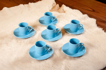 Set Of Six Porcelain Espresso Cup And Saucer Blue, 3 of 8