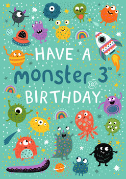 Monster Birthday Card, Boys 3rd Birthday Card, Aliens, 3 of 3