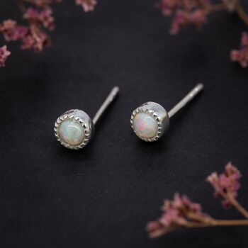 Sterling Silver White Opal Textured Stud Earrings, 4 of 8