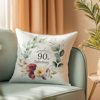 '90 And Fabulous' Personalised Birthday Cushion With Birth Flowers, 2 of 7