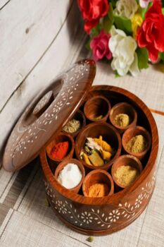 Wooden Handcrafted Round Spice Box With Spoon, 2 of 5