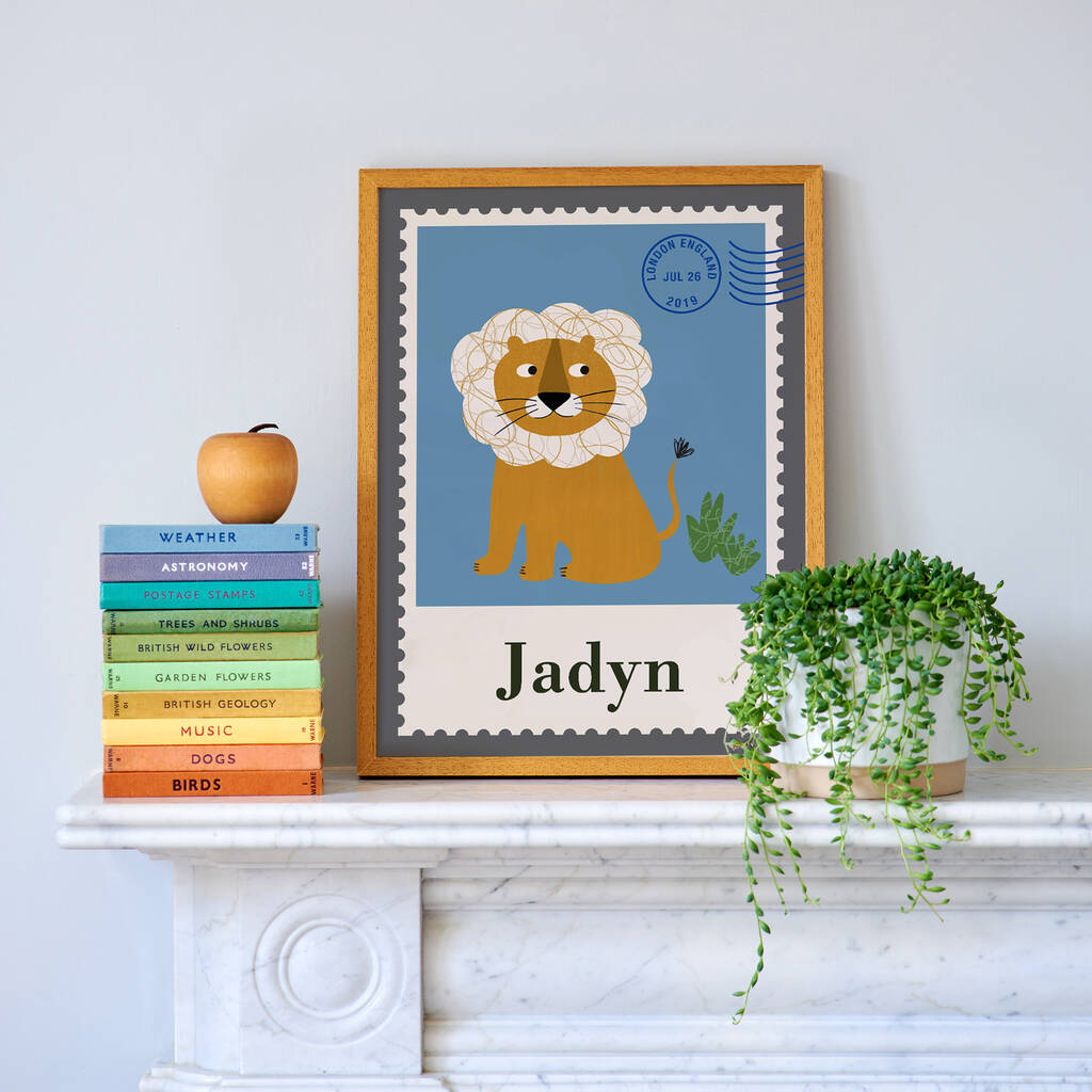 Personalised Lion Stamp Nursery Art Print By Roomytown