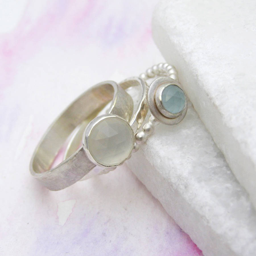 moonstone and aquamarine stacking rings by soremi jewellery