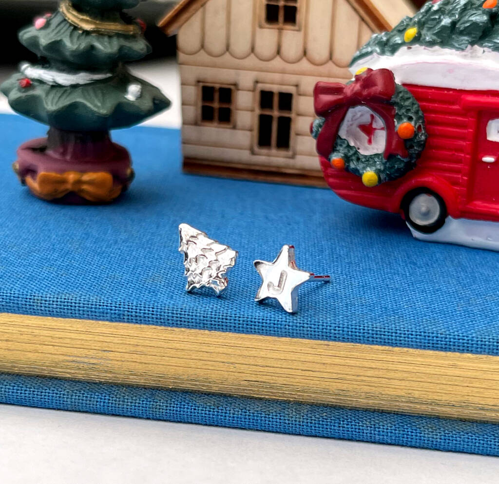 Personalised Sterling Silver Mismatched Christmas Tree Initial Star Earrings, 1 of 10