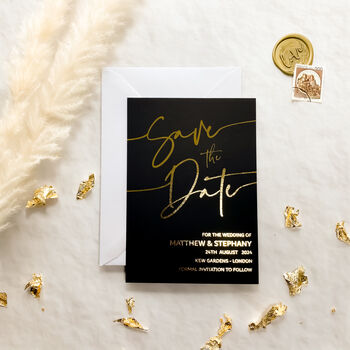 Save The Date Black And Gold Foil Wedding Invites, 8 of 8