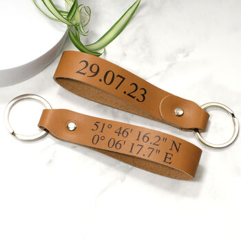Personalised Leather Coordinates And Message Keyring, 2 of 3