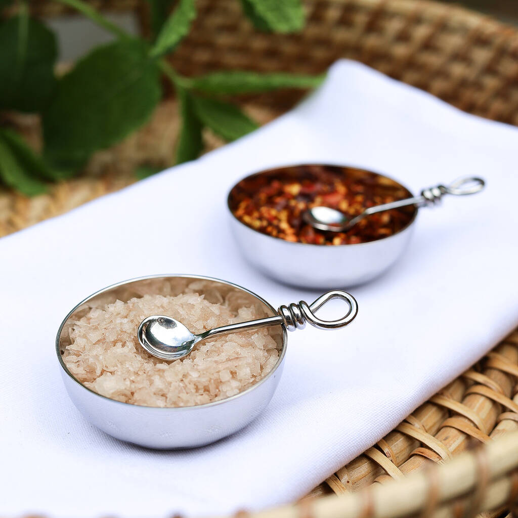 Set Of Two Salt Bowls And Polished Knot Salt Spoons, 1 of 1