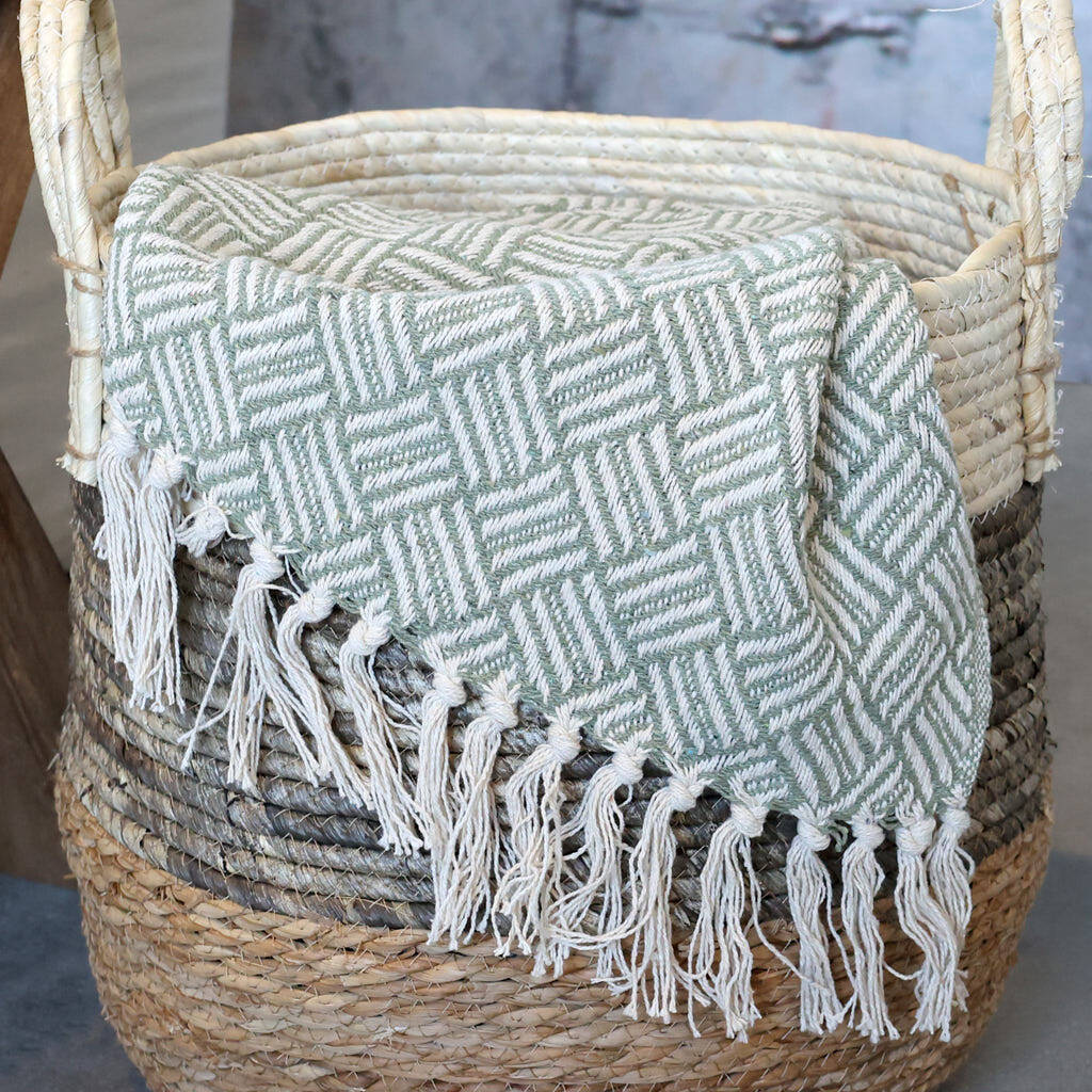 Sage And Ivory Cotton Throw With Tassels, 1 of 2