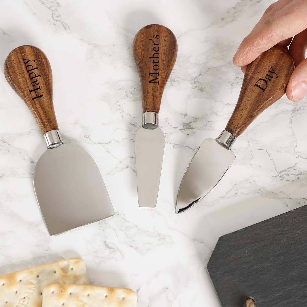 Personalised Three Acacia Wood Cheese Knives By Dibor