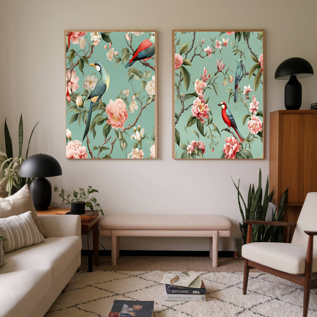 Set Of Two Chinoiserie Floral Bird Art Prints, 1 of 4