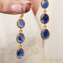 Blue Sapphire Cabuchon Triple Stone Drop Gold Silver Earrings, thumbnail 1 of 9