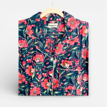 Navy And Pink Block Print Floral 100% Cotton Ladies Pyjamas, 3 of 4