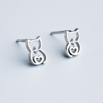 Sterling Silver Cat And Heart Stud Earrings, 3 of 4