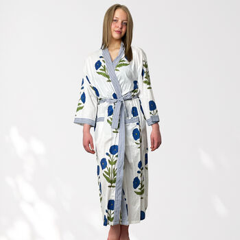 Blue Flower Block Print 100% Cotton Dressing Gown Kimono, 4 of 11