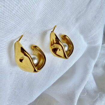 Abstract Hammered 18k Gold Plated Pearl Geometric Earrings, 4 of 8