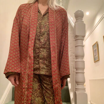 Upcycled Indian Silk Dressing Gown Gold Red Cones, 2 of 2