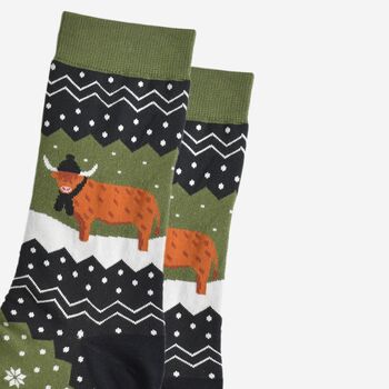 Men's Bamboo Socks Winter Highland Cow Green, 4 of 5