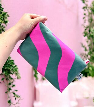 Handprinted Boxy Pouch Pink Waves On Teal, 3 of 4