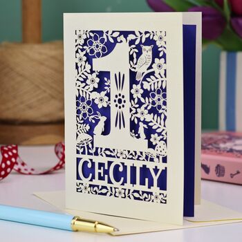 Personalised 1st Birthday Card Papercut Woodland Design, 6 of 6