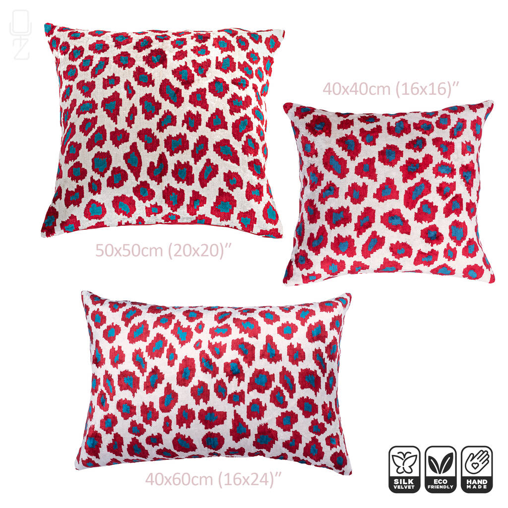 Leopard Patterned Ikat Velvet Cushion Covers with Red & Blue Colours, Front side is 100% Silk Velvet, Back store side is Soft Red Fabric, OEKO-TEX