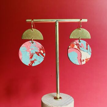 Handmade Leather Large Full Moon Dangly Earrings Marbled, 4 of 9