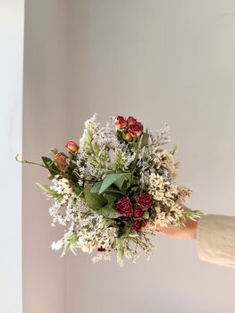 Dried Statice Bouquet With Red Spray Roses And Foliage, 3 of 5