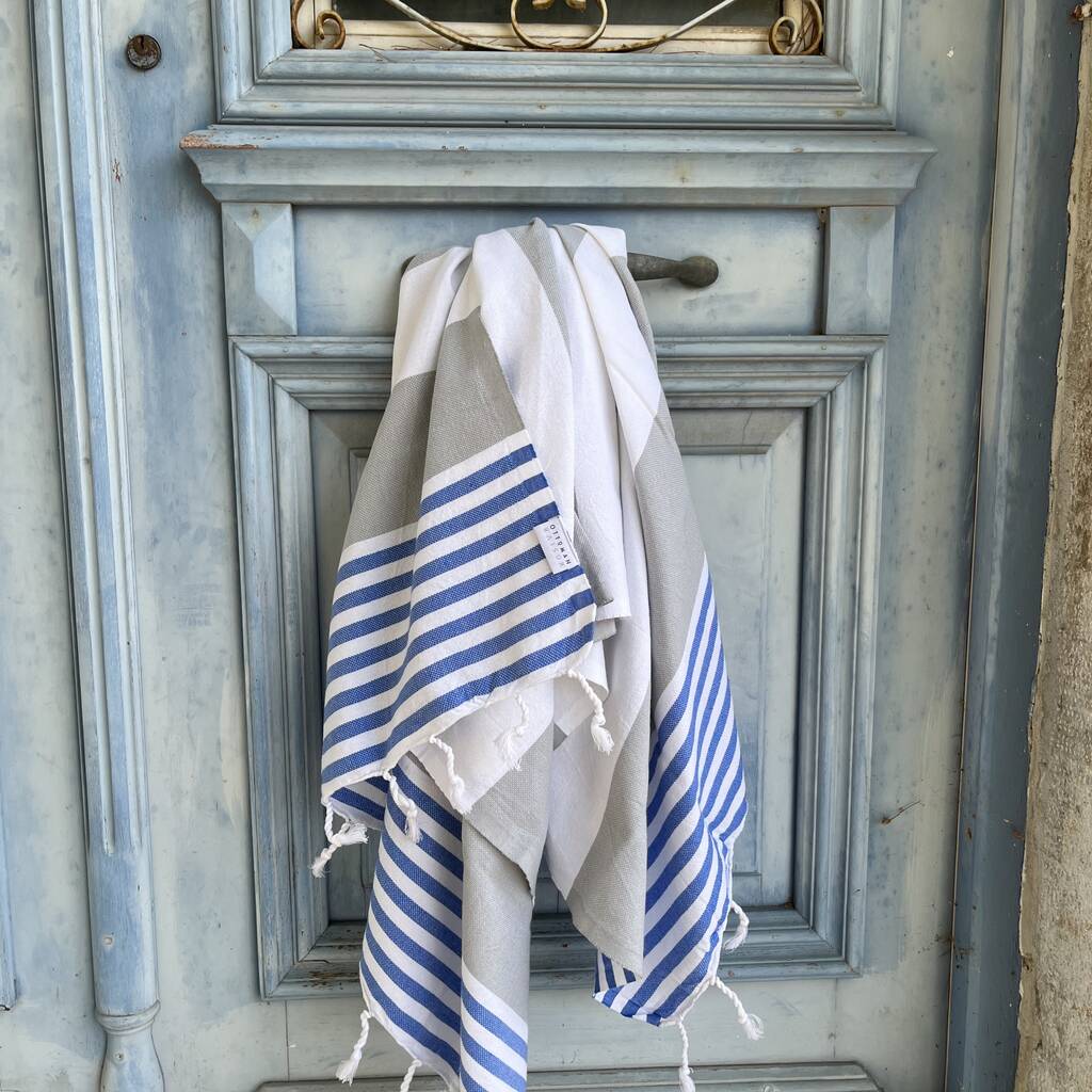 Padstow Peshtemal Towel Silver Grey / Royal Blue, 1 of 11
