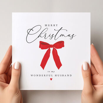 Christmas Card For Wife / Husband: Festive Red Bow And Red Heart Design, 8 of 12