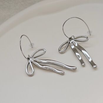 Bow Drop Earrings Silver, 2 of 4