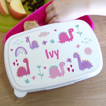 Personalised Dinosaurs Pink Lunch Box Gift, 2 of 3