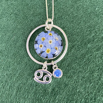 Sterling Silver Handmade Real Flower Necklace With Personalised Birthstone And Zodiac Charm, 8 of 12