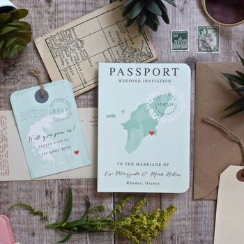 Passport Wedding Invitation Watercolour Style And RSVP Luggage Tag, 8 of 12