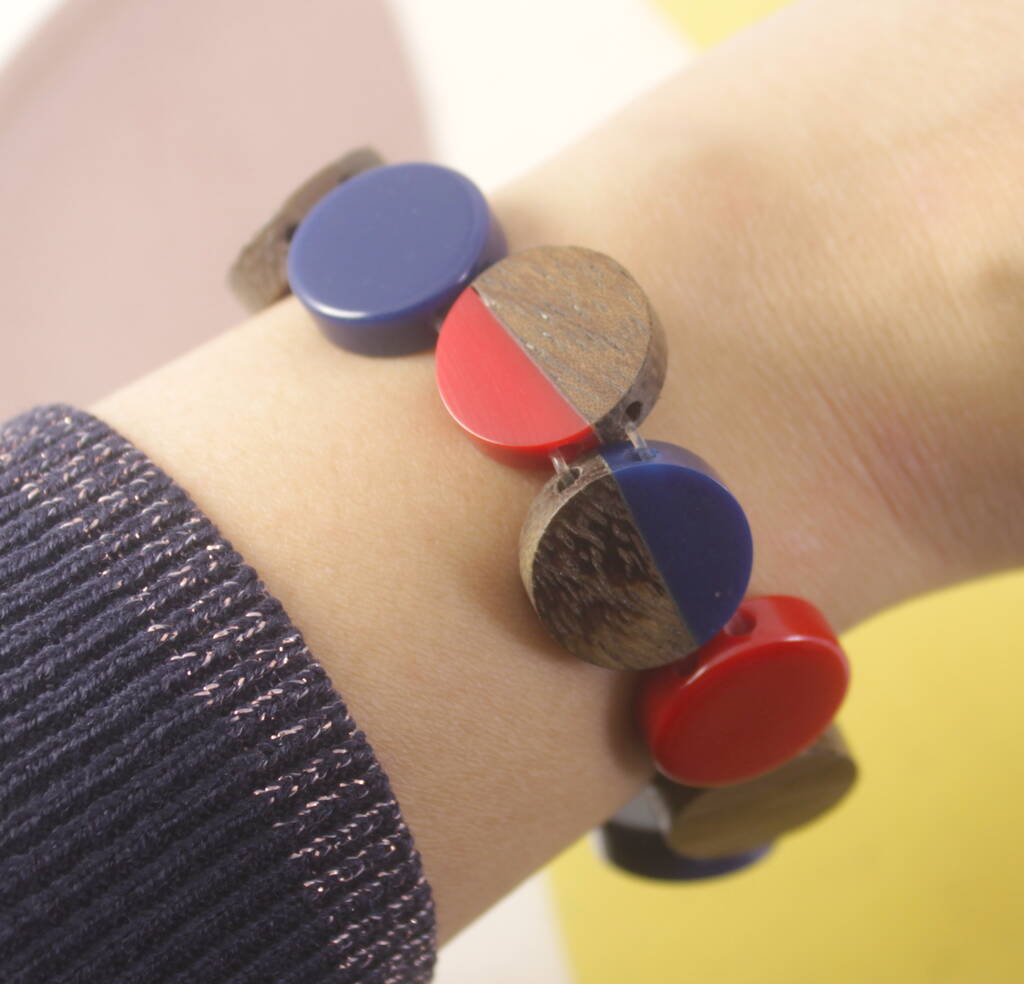 Wood And Resin Circles Bead Bracelet By Lucy Loves Neko
