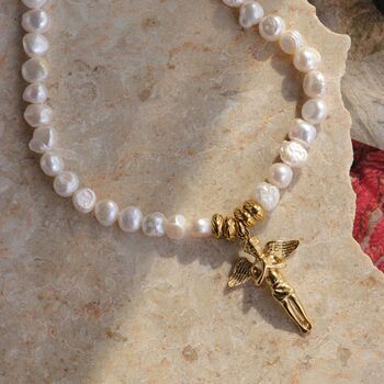 Handmade Baroque Pearl Choker With Angel Pendant, 3 of 8