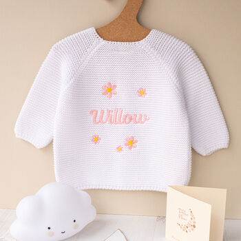 Personalised Baby Cardigan With Daisy And Name Embroidery, 2 of 12