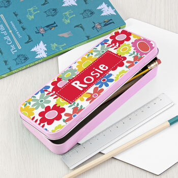 Personalised Girl's Patterned Pink Pencil Case Tin, 2 of 11
