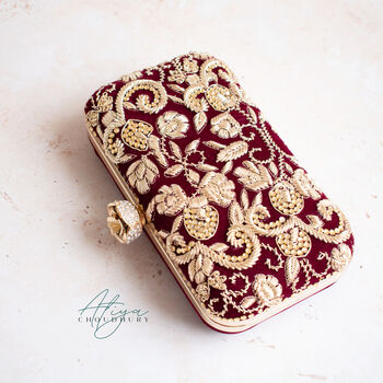 Baraat Maroon Velvet, Gold Embroidered Clutch, 2 of 6