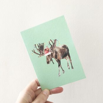 Festive Moose Hand Painted Christmas Card, 2 of 2