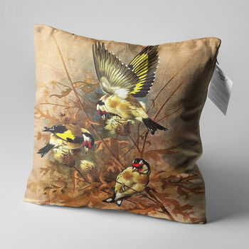 Brown Cushion Cover With Goldfinch Theme, 3 of 7