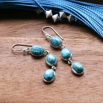 Sterling Silver Triple Turquoise Dangly Oval Earrings, 2 of 4