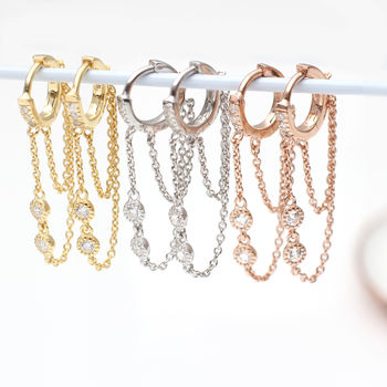 Gold Plated Or Silver And Crystal Chain Huggie Earrings, 4 of 7