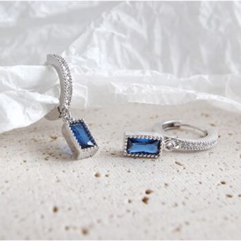 Sterling Silver Blue Crystal Drop Hoop Earrings, 2 of 4