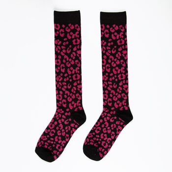 Women's Knee High Glitter Socks Hot Pink Leopard Print, 2 of 2