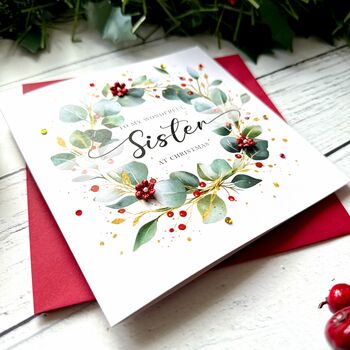 Wonderful Sister Festive Wreath Christmas Card, 4 of 4