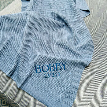 Personalised Blue/Pink Knit Baby Blanket And Hat, 6 of 8