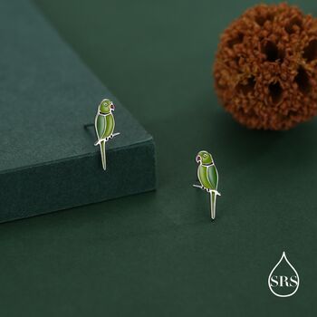Sterling Silver Green Enamel Parakeet Parrot Earrings, 5 of 12